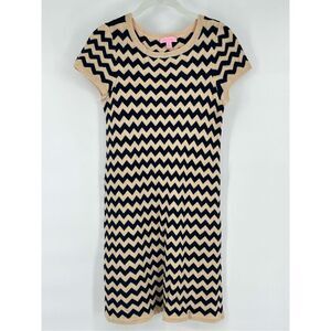 Lilly Pulitzer Santana Dazzle Gold Blue Chevron Merino Wool Dress Size Large EUC